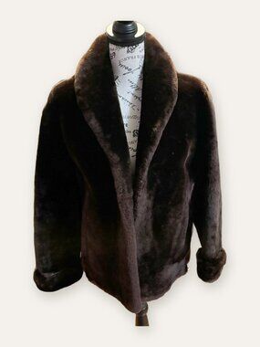 Vintage 1950s Faux Mouton Jacket Chocolate Brown Shawl Collar S/M